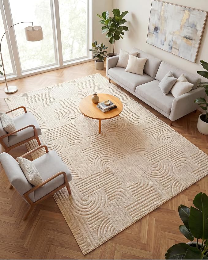 Carvapet 6x9 Area Rug - Beige Modern Geometric Maze 3D High Low Pile Texture Floor Carpet, Luxurious Washable Soft Plush Rug with Skid-Resistant Backing for Living Room Dining Room