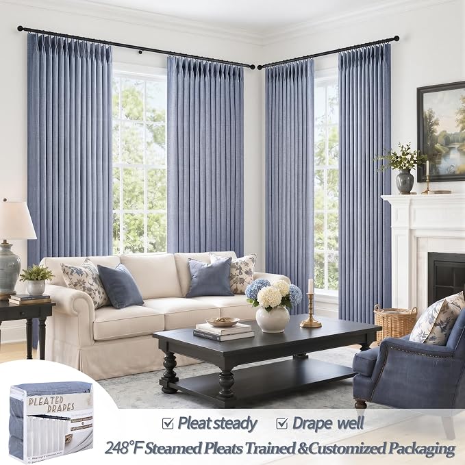 Extra Long 108 Inch Dusty Blue Pleated Linen Light Filtering Sheer Curtains
