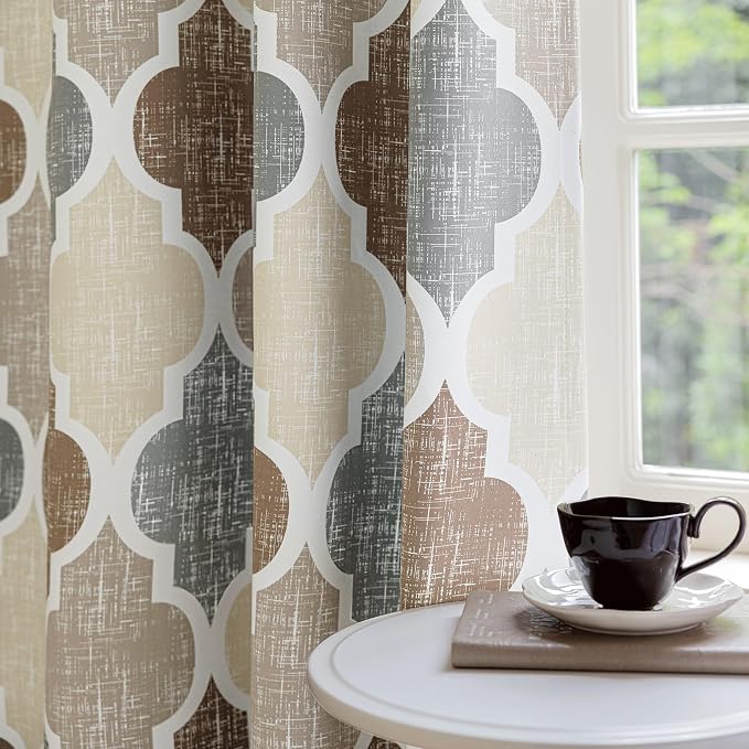 Beauoop Moroccan 100% Blackout Curtains Bedroom Brown Grey 50x45 2 Panels | Geometric Room Darkening Drapes for Living Room 45 Inch Long Thermal Insulated Soundproof Lattice Window Treatment Grommet