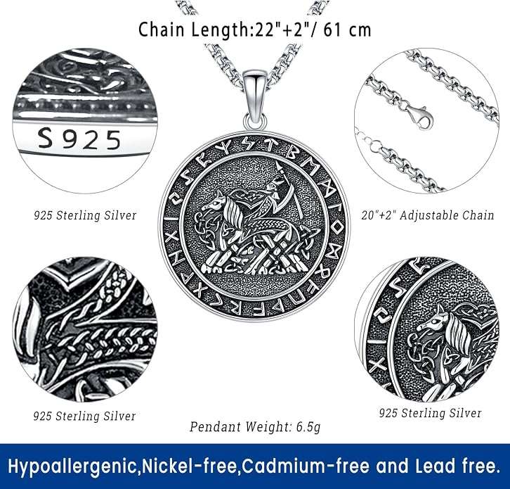 Eusense Viking Necklace for Men Women 925 Sterling Silver Pendant Thors Hammer/Norse Runes/Odin's Ravens/Wolf/Dragon/Snake/Yggdrasil/Freya/Helm of Awe/Valknut/Triskelion/Axe/Shield Viking Jewelry