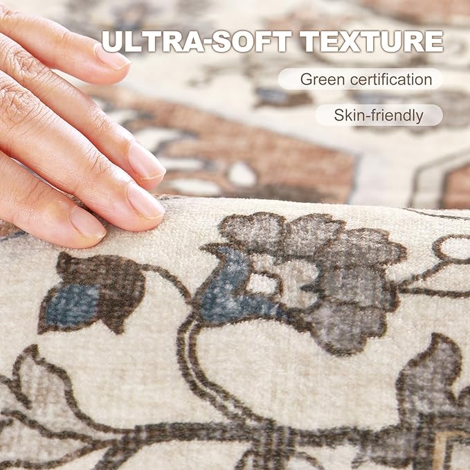 9x12 Washable Area Rug: Vintage Neutral Soft Non Slip Thin Large Floor Carpet for Living Room Bedroom Kitchen Dining Room Home Office Farmhouse Indoor - Brick Red