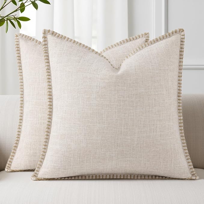 decorUhome Beige Faux Linen Outdoor Throw Pillow Covers 26x26 Set of 2 | Fall Decorative Textured Neutral Modern Farmhouse Pillow Covers with Stitched Edge for Couch Sofa Bed Living Room
