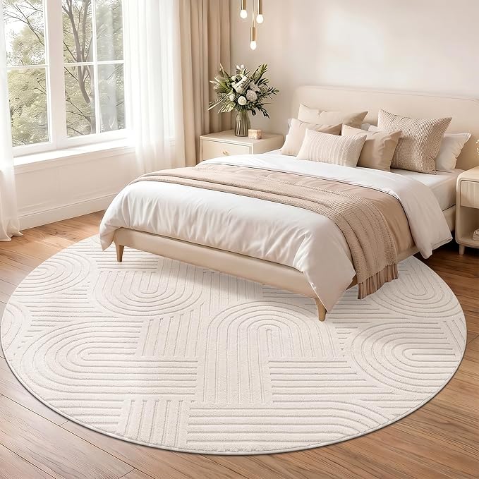 SHACOS Soft Cozy Fluffy Arch High Low Pile Round Rug 8ft Non Slip Washable Scandi Minimalist Circle Area Rug Modern Geometric Carpet for Living Room Bedroom Dining Room Kitchen, Beige