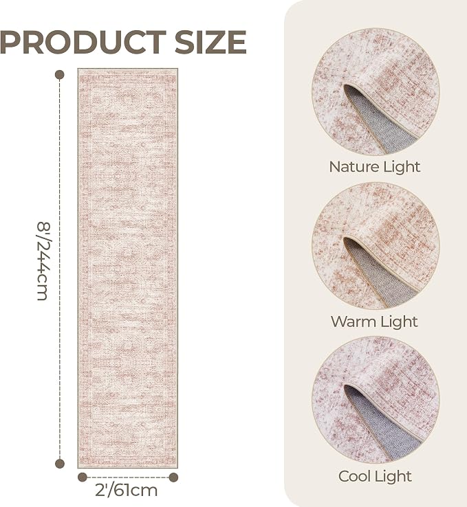 2x8 Runner Rug Non Slip,Washable Hallway Runner Rug,Pink | Neutral Rugs for Kitchen,Entryway,Bedroom,Bathroom,Nursery Room,Thin,Soft Runner Rug,Stain Resistant Indoor Carpet