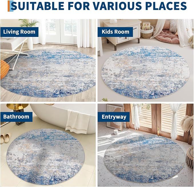 ROYHOME Modern Abstract 6x6 Round Area Rug Non Slip Non Shedding Rug Low Pile Stain Resistant for Bedroom Living Room Office Dining Room,Blue/Grey