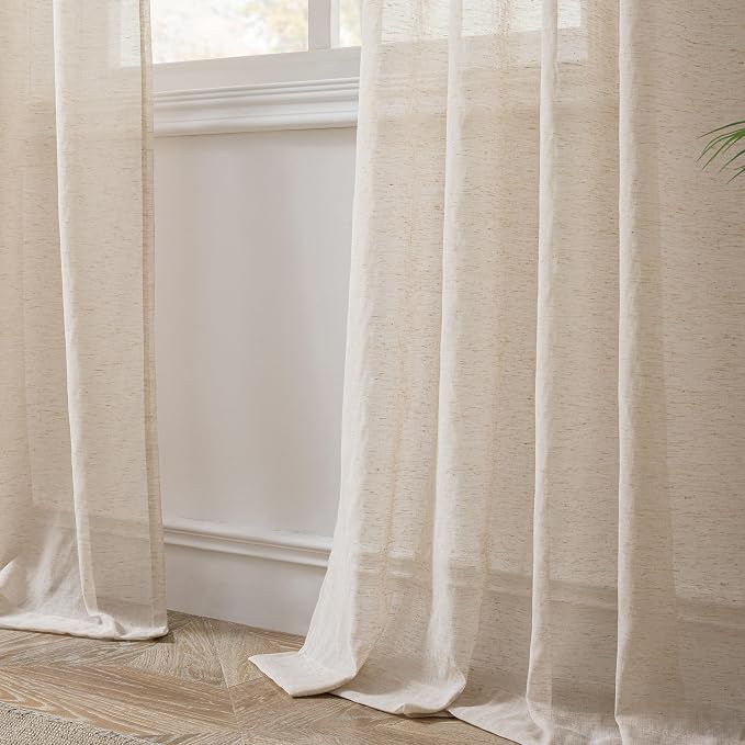 FMFUNCTEX Taupe Flax Linen Sheer Curtains 96 Inch Long Rod Pocket 2 Panels | Semi Sheer Window Drapes Taupe for Bedroom and Living Room, Farmhouse French Window Curtain Privacy