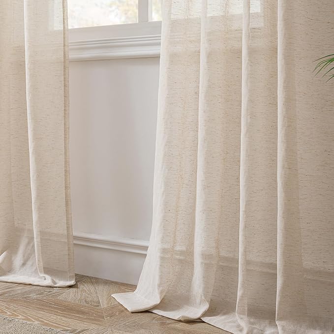 FMFUNCTEX Taupe Flax Linen Sheer Curtains 84 Inch Long Rod Pocket 2 Panels | Semi Sheer Window Drapes Taupe for Bedroom and Living Room, Farmhouse French Window Curtain Privacy