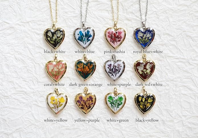 Handmade Dried Pressed Flower Heart Shaped Photo Locket Pendant Necklace