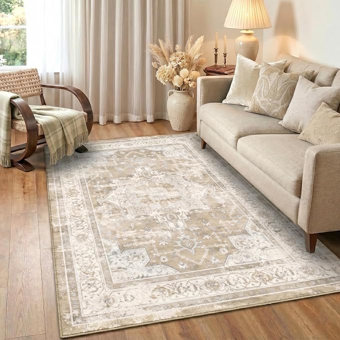 4x6 Area Rug for Living Room-Vintage Farmhouse Boho Floral Neutral Washable Stain Resistant Indoor Carpet for Bedroom Office and Home Decor(Beige&Brown)