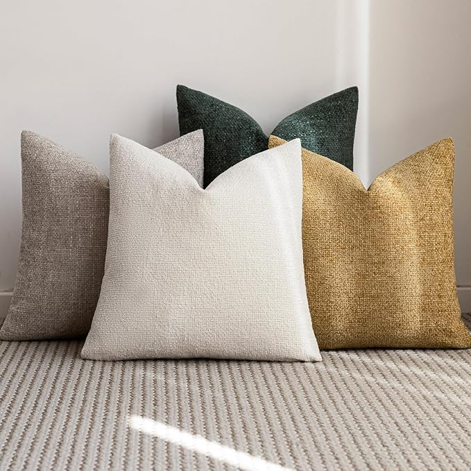 20x20 Chenille Throw Pillow Covers, Pack of 4, Neutral Yellow/Green Series