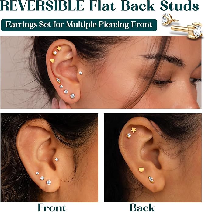 GEMQUEEN Reversible Flat Back Earrings Studs Hypoallergenic - 14K Gold Filled Surgical Steel Earring 18G Cartilage Helix Tragus Conch Piercing Jewelry Extended Internal Thread Earrings for Women Men