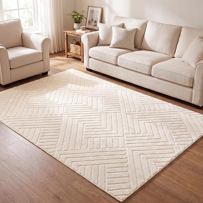 Bsmathom 5x7 Washable Area Rug, Boho Neutral Modern Soft Carpet Mat, Beige | Machine Washable, Low Pile Fluffy Plush, Non-slip, Geometric Textured, For Living Dining Kids Room Bedroom Indoor Dorm