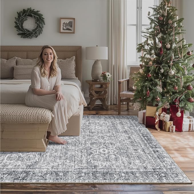 Washable Rugs for Living Room: 6x9 Area Rugs for Bedroom Ultra Soft Non-Slip Stain Resistant Vintage Boho Large Carpet for High-Traffic Dining Room - Farmhouse Decor