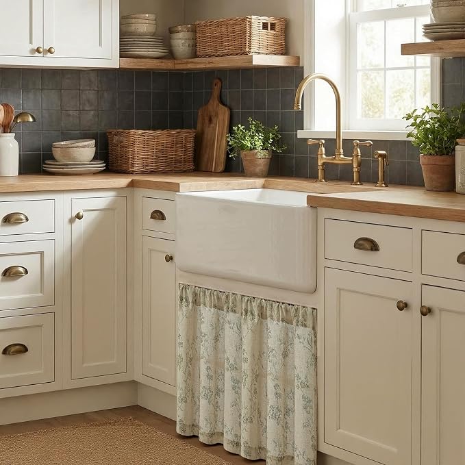 Lazzzy Elisa Floral Kitchen Curtains 24 Inch Linen Cafe Curtains Farmhouse Half Window Drapes Over Sink Light Filtering for Small Windows Rod Pocket Back Tab 2 Panels Green on Beige