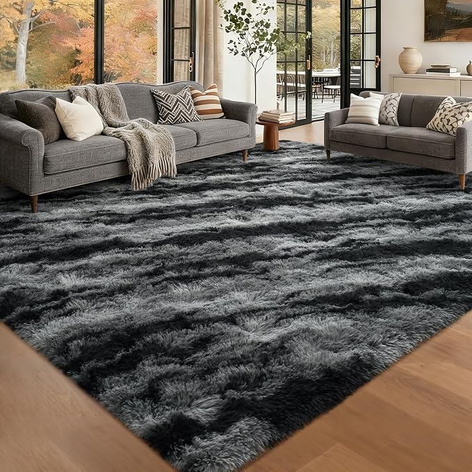 Large Shaggy 6x9 Area Rugs for Living Room Decor, Non-Slip Tie-Dyed Rugs for Bedroom Kids Playroom Dorm Room, High Pile Ultra Soft Carpet, Black