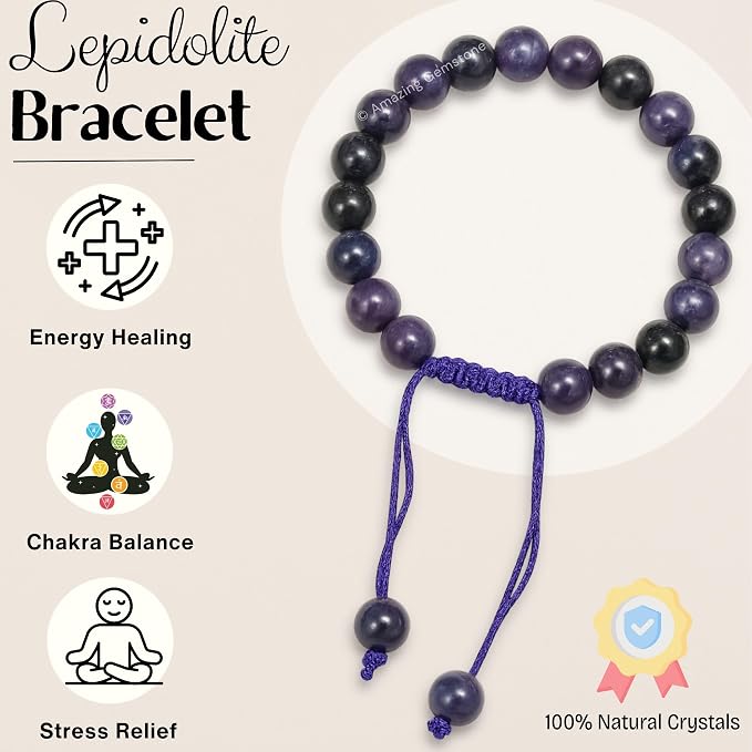 Amazing Gemstone Lepidolite Bracelet for Women Men's Gifts - Protection Healing Crystal Bracelet - 8mm Gemstones Beaded Adjustable Bracelet Pulseras para Hombres Mujer Stocking Stuffers