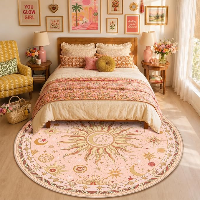 Vacuum-Friendly, Round 8ft Washable Area Rug, Pink Gold Beige Red | Sun and Moon Boho Gothic Non-Slip Low Pile Living Roon Bedroom Dining Room Kitchen Entry Entryway Entrance Hallway Doormat