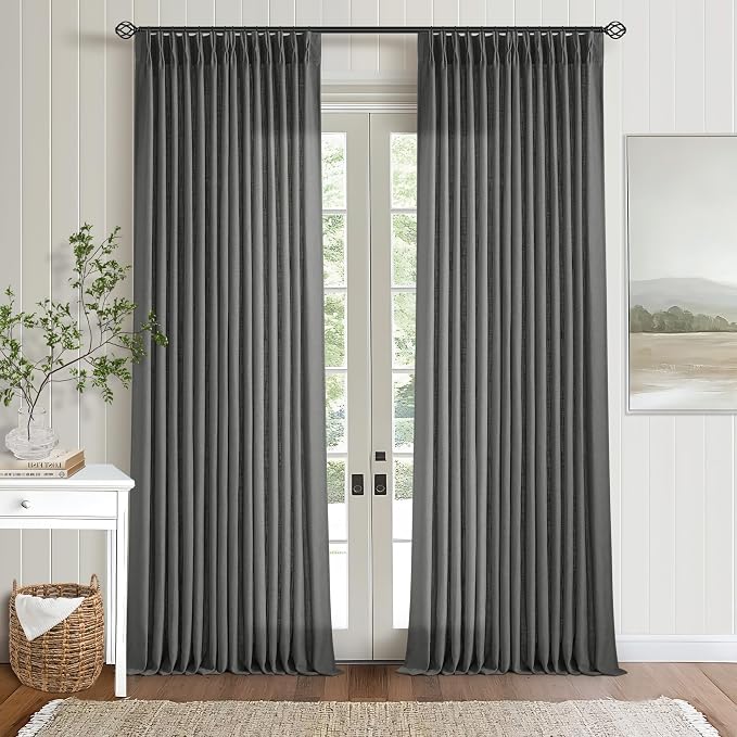 Charcoal Gray Linen Pinch Pleat Semi Sheer 120 Inch Curtains 2 Panels Set | Extra Long Window Curtains for Living Room Bedroom, Double Pleated with Back Tab, Farmhouse Neutral, Memory Shape Trained