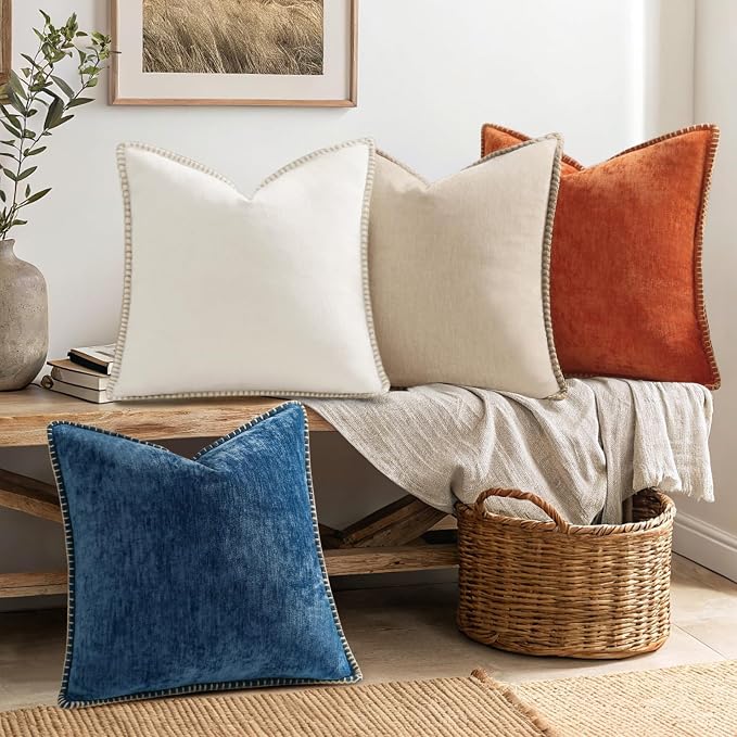 decorUhome Fall Soft Decorative Chenille Throw Pillow Covers 20x20 Set of 4 | Beige Rust Cozy Decorative Modern Farmhouse Neutral Pillow Cases with Stitched Edge for Couch Sofa Bed Living Room Home Decor