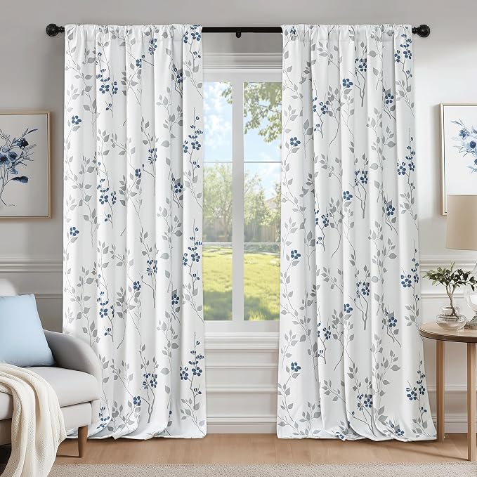 Beauoop Floral 100% Blackout Curtains for Bedroom Blue Grey 52X84 2 Panels | Flower Patterned Blue White Room Darkening Drapes for Living Room 84 Inch Long Thermal Soundproof Window treatment Rod Pocket