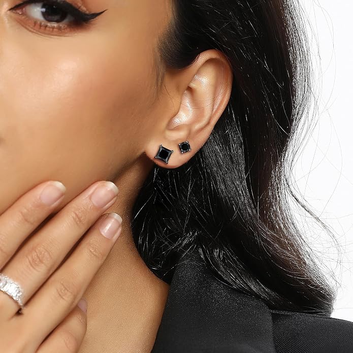 MDFUN 6 Pairs Stud Earrings Set 3mm/5mm/7mm Princess & Round Cubic Zirconia Earrings Hypoallergenic 316L Surgical Stainless Steel CZ Earrings for Women Men