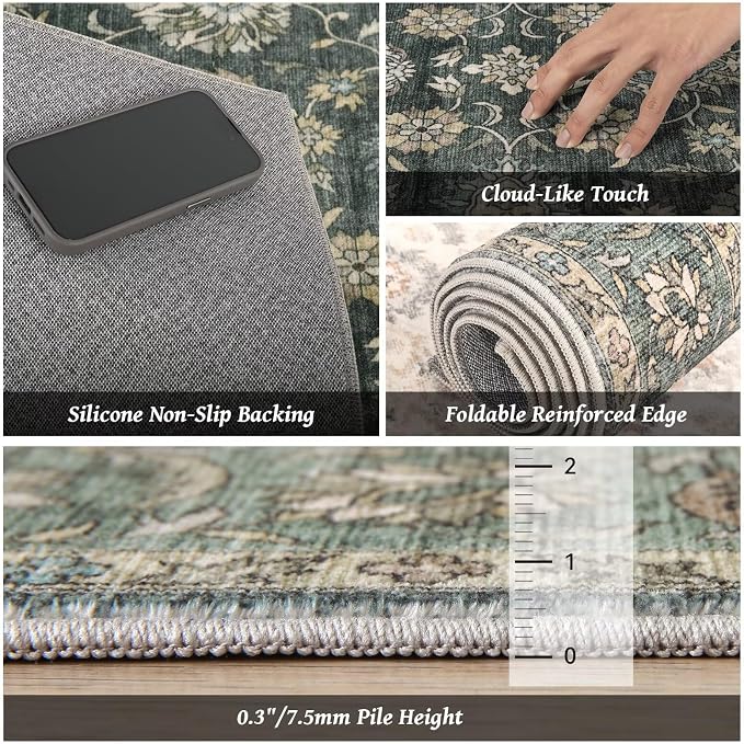 Boho Washable 8x10 Area Rugs for Living Room, Cushioned, Sage Green | Vintage Non-slip Neutral Oriental Rugs for Bedroom Dining Room Nursery Office High Traffic Area