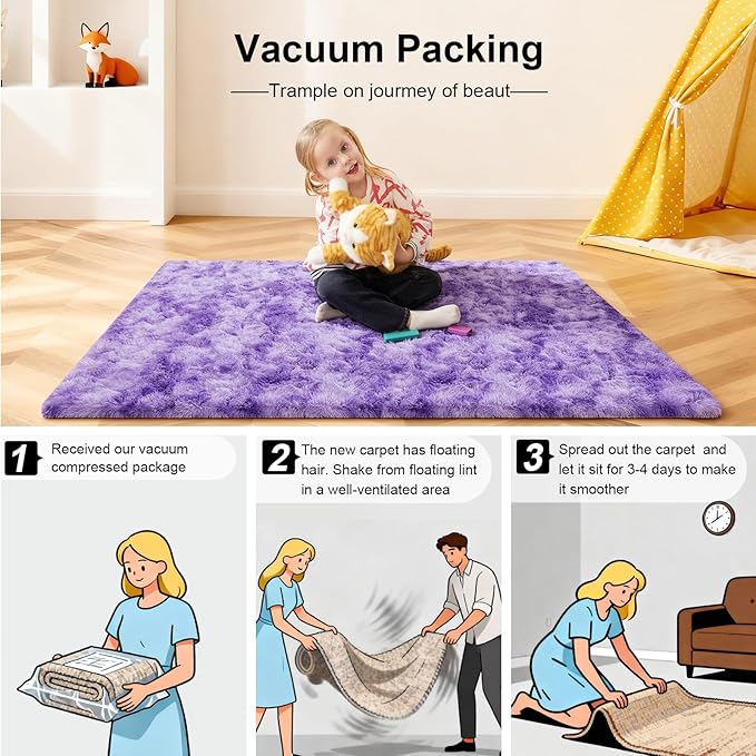 6x9 Area Rugs for Living Room, Large Fluffy Rugs for Bedroom, Fuzzy Shag Soft Non-Slip Carpet for Kids Girls and Boys Nursery Dorm Indoor Room Home Decor (6ft X 9ft, Tie-Dyed Purple)
