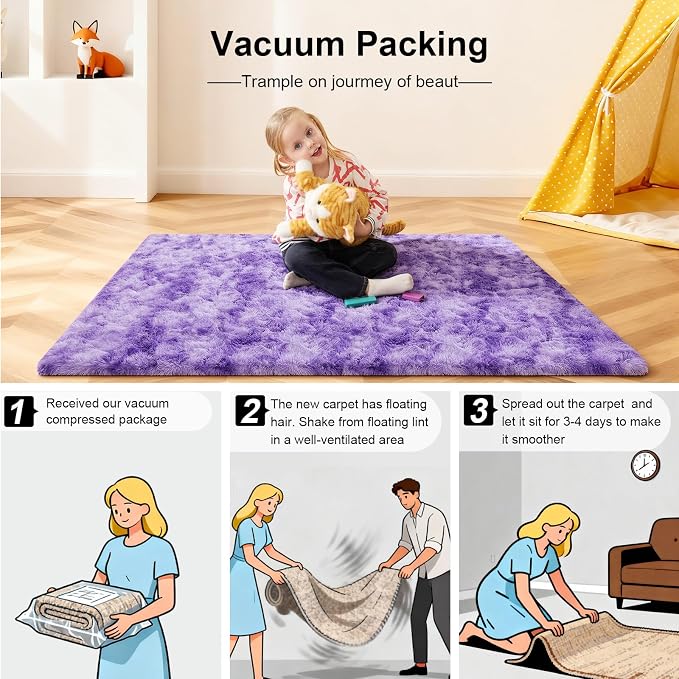 2x3 Rugs for Bedroom, Fluffy Area Rugs for Living Room, Small Fuzzy Shag Soft Carpet with 4 Non-Slip Adhesive Strips for Kids Boys and Girls Nursery Dorm Home Decor (2ft X 3ft, Tie-Dyed Purple)