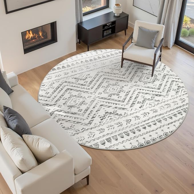 Miukiki Round Rugs 6ft for Living Room Moroccan Washable Circle Rug Non Slip Indoor Floor Carpet Foldable Area Rug for Dining Room with Low Pile(Grey,6'x6')