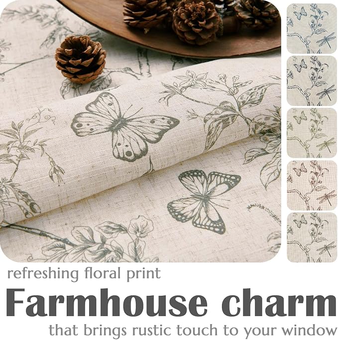 jinchan Grey Floral Linen Curtains Lined 96 Inch Vintage Back Tab 2 Panels | Privacy lining, light filtering drapes, cottagecore, french country, farmhouse, bedroom, living room, window treatment