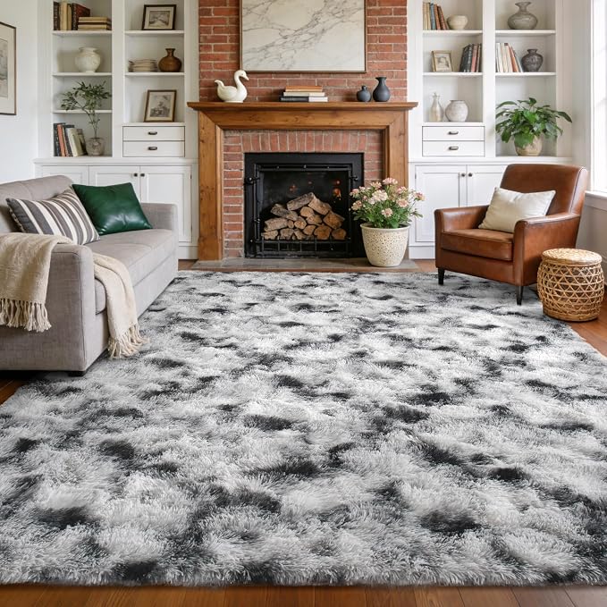 Large Shaggy 6x9 Area Rugs for Living Room Decor, Non-Slip Tie-Dyed Rugs for Bedroom Kids Playroom Dorm Room, High Pile Ultra Soft Carpet, Black White