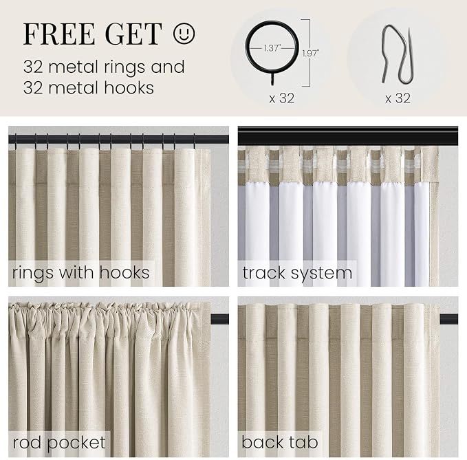 Topfinel Natural Linen Blackout Curtains with Back Tab for Tracks 96 Inch Long, Room Darkening Memory Trained Linen Drapes, Elegant Noise Cancelling Patio Door Curtains, Cream Beige,52" W*96" L