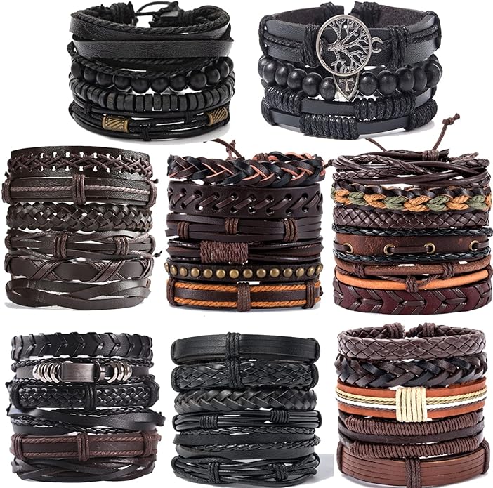 SONNYX 44 Pcs Braided Leather Bracelets for Men Women Woven Cuff Wrap Bracelets Hemp Cords Wood Beads Ethnic Tribal Bracelets Adjustable Leather Wristbands