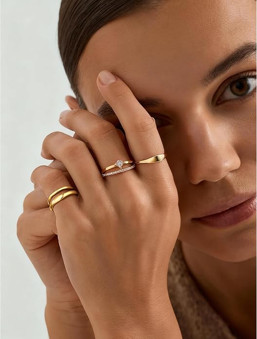 Gold Rings for Women Men Non Tarnish, Waterproof Chunky 14K Gold Plated Dainty Stackable Rings Trendy Statement Pinky Thumb Rings Engagement Eternity Wedding Band Ring Stacking Gold Jewelry Size 3 4 5 6 7 8 9 10 11