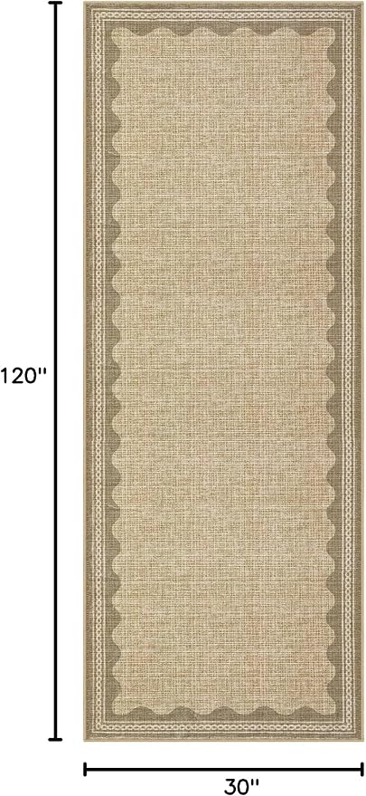 GarveeHome Scalloped 2x10 Runner Rug for Hallway Washable Kitchen Rugs Non Slip Solid Tan Jute Digital Printing Modern Soft Low-Pile Rugs for Entryway Laundry Room Floor Mats