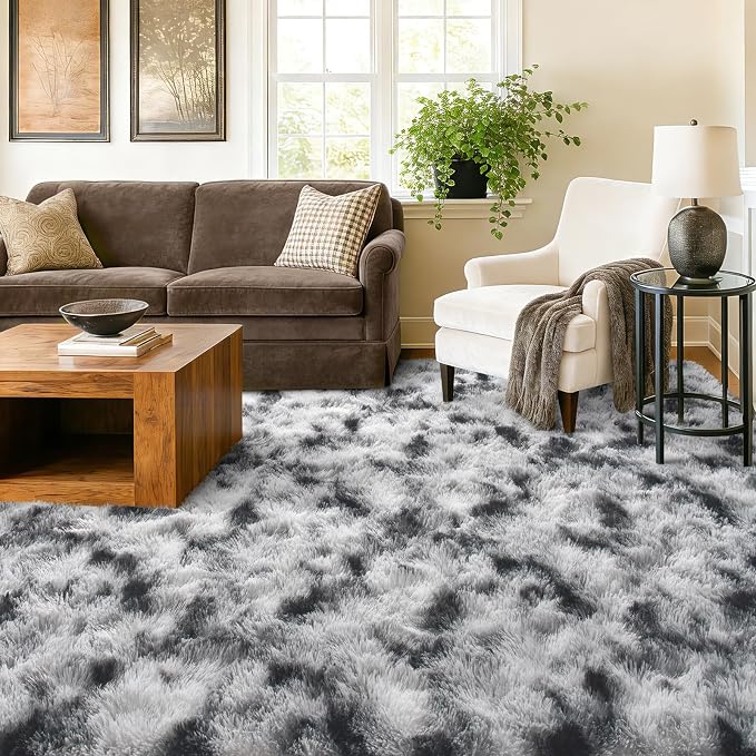 9x12 Extra Large Area Rugs for Living Room, Shaggy Non-Slip Tie-Dyed Rugs for Bedroom Kids Playroom Dorm Room, High Pile Ultra Soft Carpet, Black White
