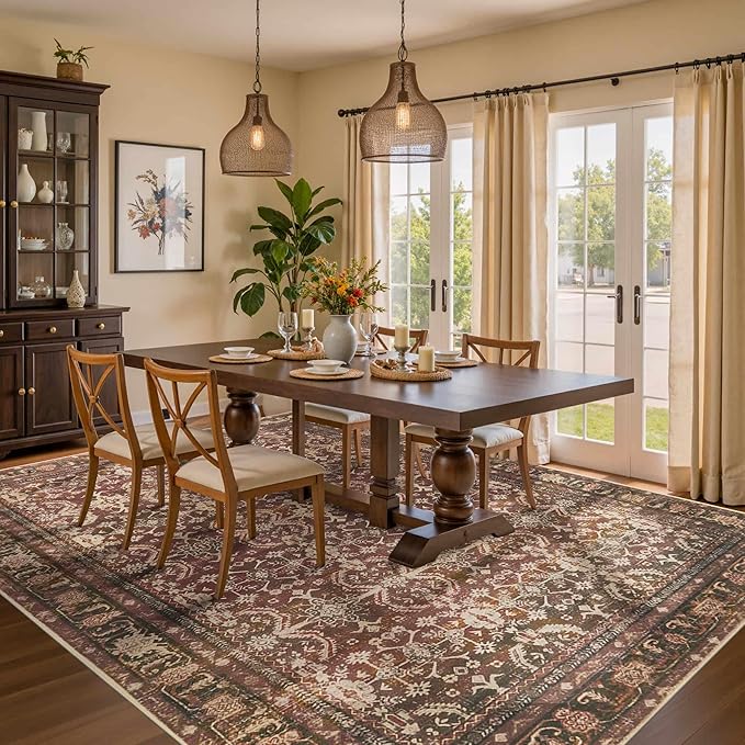 Rugxara Red 8x10 Area Rugs for Living Room Bedroom Large Washable Rug | Non Slip, Rug for Dining Room Office Kids Room, Stain Resistant, Soft, Low Pile, Vintage Boho Oriental Carpet,Home Decor