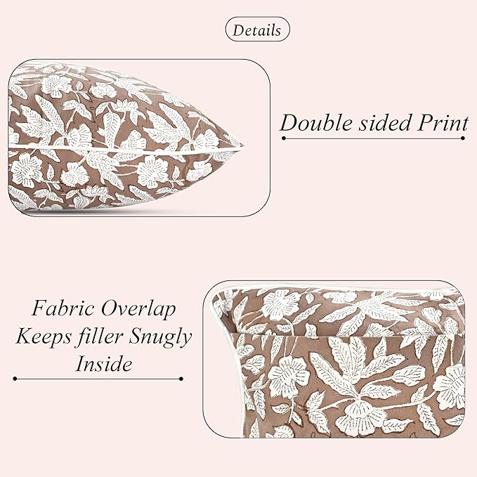 Ridhi Block Print Oak Brown Pillow Cover 20" x 20" (Pack of 2) Decorative Couch Pillows for Living Room, Farmhouse Chic Boho Cute Outdoor Pillows Covers Gifts for Spring, Mother's Day