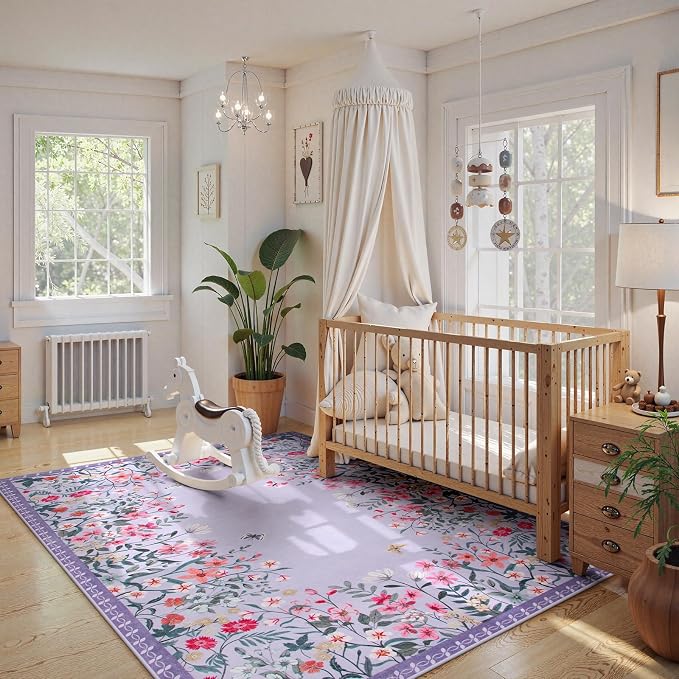 Wonnitar 4x6 Washable Area Rug, Purple Floral Rug for Girls Bedroom, Boho Soft Nursery Carpet, Non Slip Ultra Thin Entryway Mat, Lavender Kids Room Vanity Decor (4x6 Purple)