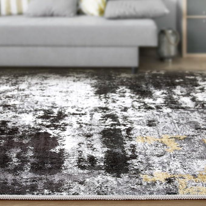 Abstract 10x12 Area Rug: Machine Washable Non Slip Ultra Thin Low-Pile Carpet, Soft Stain Resistant for Living Dining Room Bedroom, Kid Pet Friendly, Robot Vacuum Compatible - Black Gold