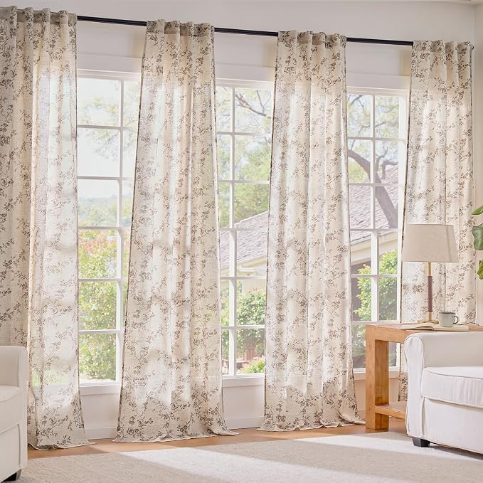 Lazzzy Taupe Floral Linen Curtains 63 Inch Farmhouse Back Tab Drapes for Living Room Bedroom Light Filtering Vintage Grandmillennial Rod Pocket Curtains, 2 Panels, W38 x L63, Taupe on Beige