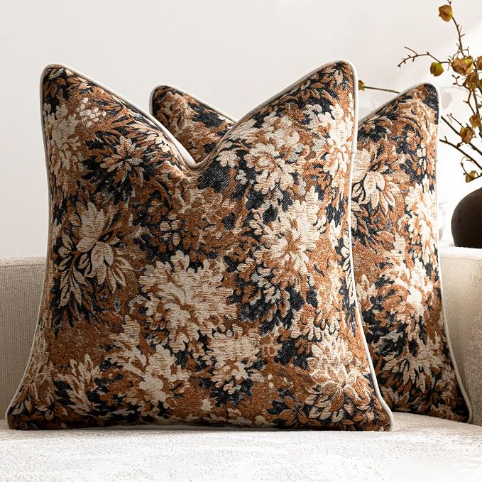 DEZENE Pack of 2 Vintage Floral Throw Pillow Covers 18x18 Boho Farmhouse Accents Chenille Square Decorative Pillow Cases for Living Room Couch Bed Home Decor, Cognac