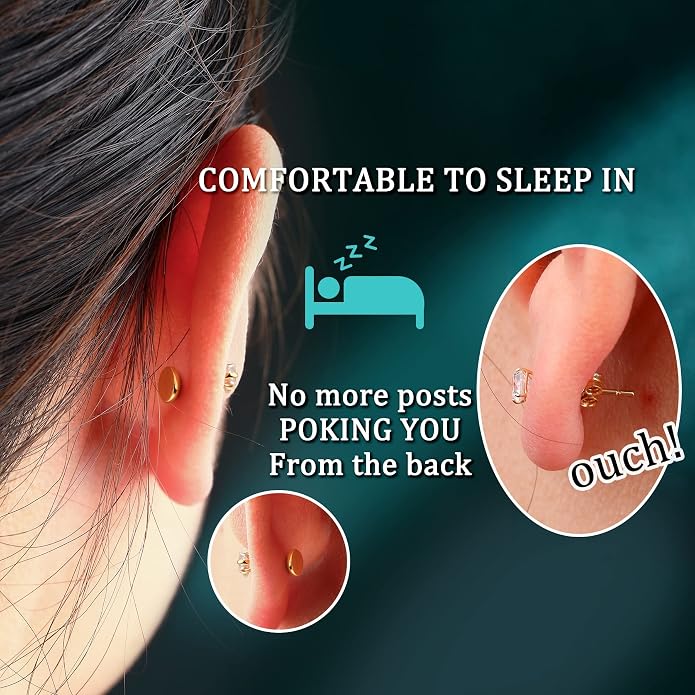 Cocharm 14K Gold Cartilage Earring Stud Yellow Gold Flat Back Helix Stud Push in Tragus Earring