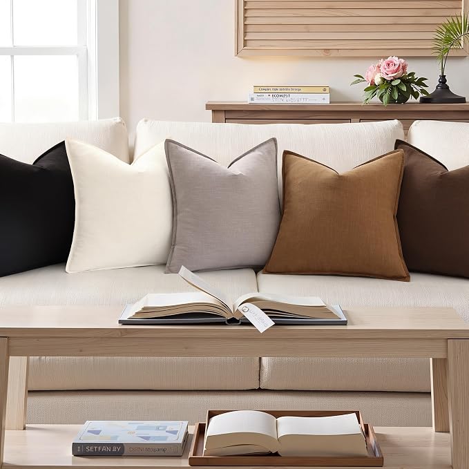 decorUhome Fall Brown Linen Throw Pillow Covers 16x16 Set of 2 | Decorative Soft Cozy Modern Farmhouse Boho Accent Pillow Cases with Flange Edges for Couch Bed Sofa Living Room Home Decor