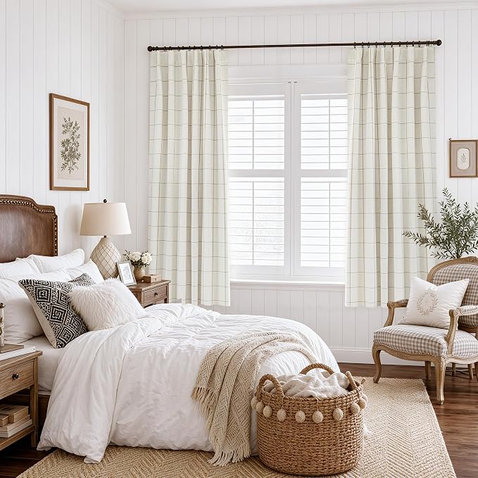 DriftAway 100% Blackout Windowpane Plaid Linen Curtains 54 Inches Taupe | Double Layer Farmhouse Drapes for Living Room Bedroom Yarn Dyed Woven Thermal Insulated Rod Pocket Back Tab 2 Panels