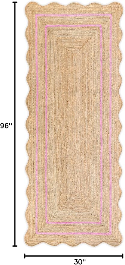 Wave Scalloped Natural Jute Runner, Light Pink (2'6"x8'): Boho Farmhouse Scallop Entryway Rug