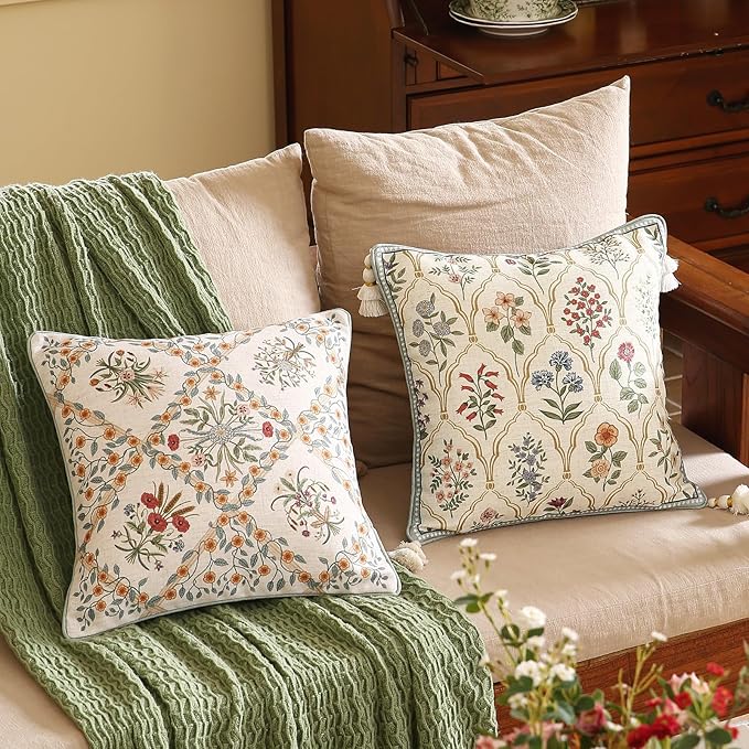 ISAENNE Vintage Linen Throw Pillow Cover,Set of 2,18"x18"-Serenity A | Designer Elegant Square Pillow Cover,Concealed Zipper Design,Floral Pattern,Sofa,Bedroom,Living Room,Lounge Chairs