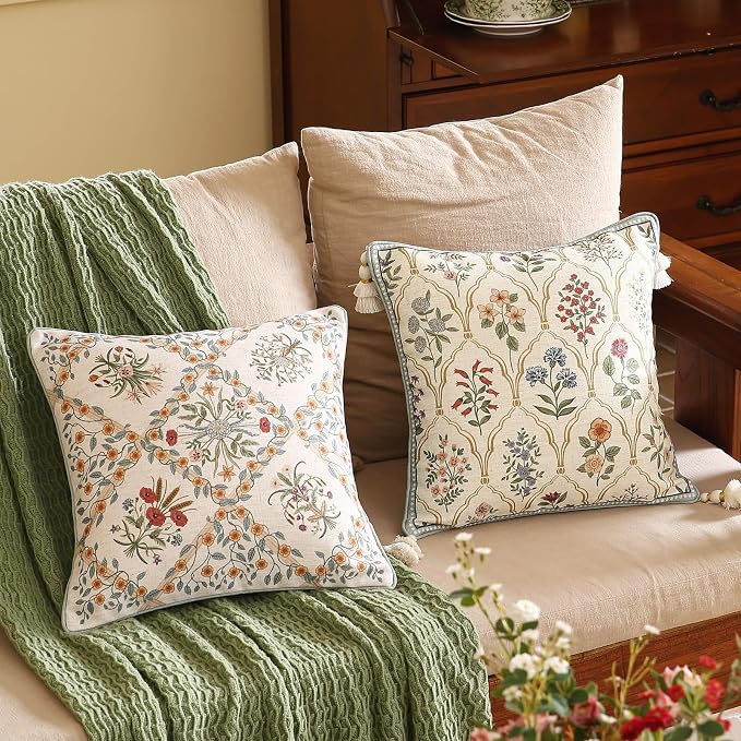 ISAENNE Designer Linen Throw Pillow Cover,Set of 2,18"x18"-Serenity B | Vintage Elegant Square Decor Pillow Cover,Concealed Zipper Design,Colorful Floral Pattern,Sofa,Bedroom,Living Room,Chairs