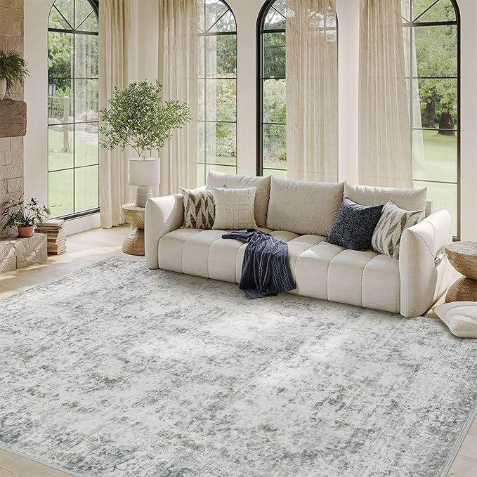 Rugxara Grey Area Rugs 5x7 Washable Rug for Living Room Bedroom | Non Slip, Rug for Dining Room Office Farmhouse Dorm, Stain Resistant, Soft, Vintage Boho Retro Carpet, Low Pile, Home Decor