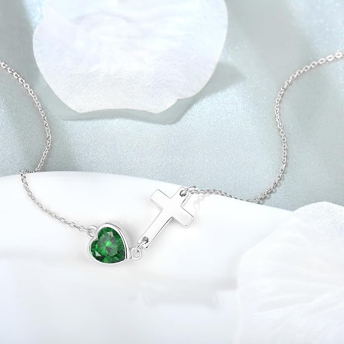 Sideways Cross Necklace with Heart Birthstone 925 Sterling Silver Dainty Tiny Cute Necklace Christian Religious Faith Gifts